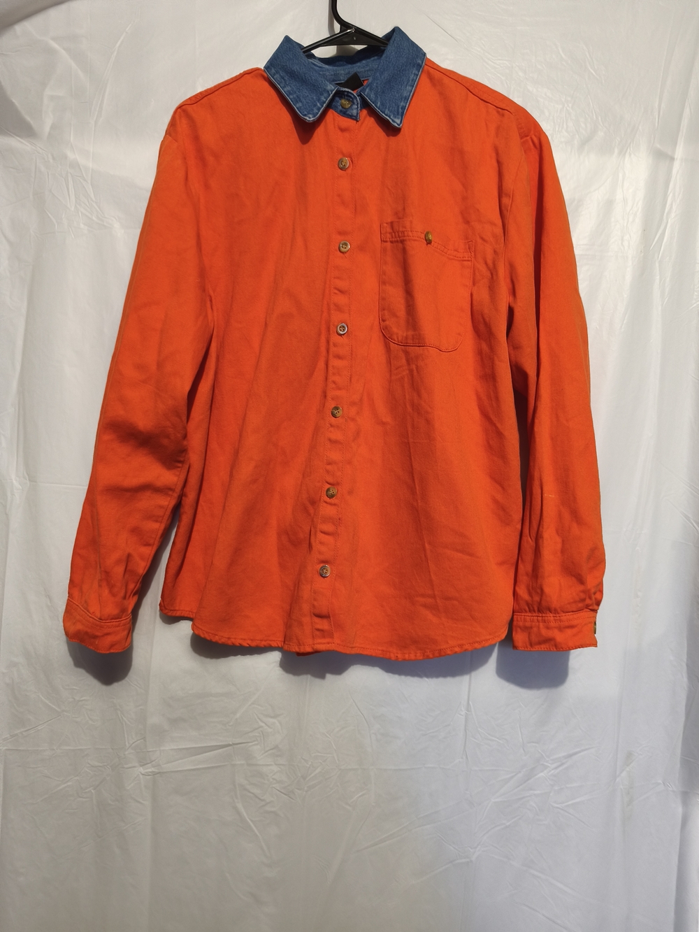 Men's Orange Button-Up Jacket with Contrast Denim Collar